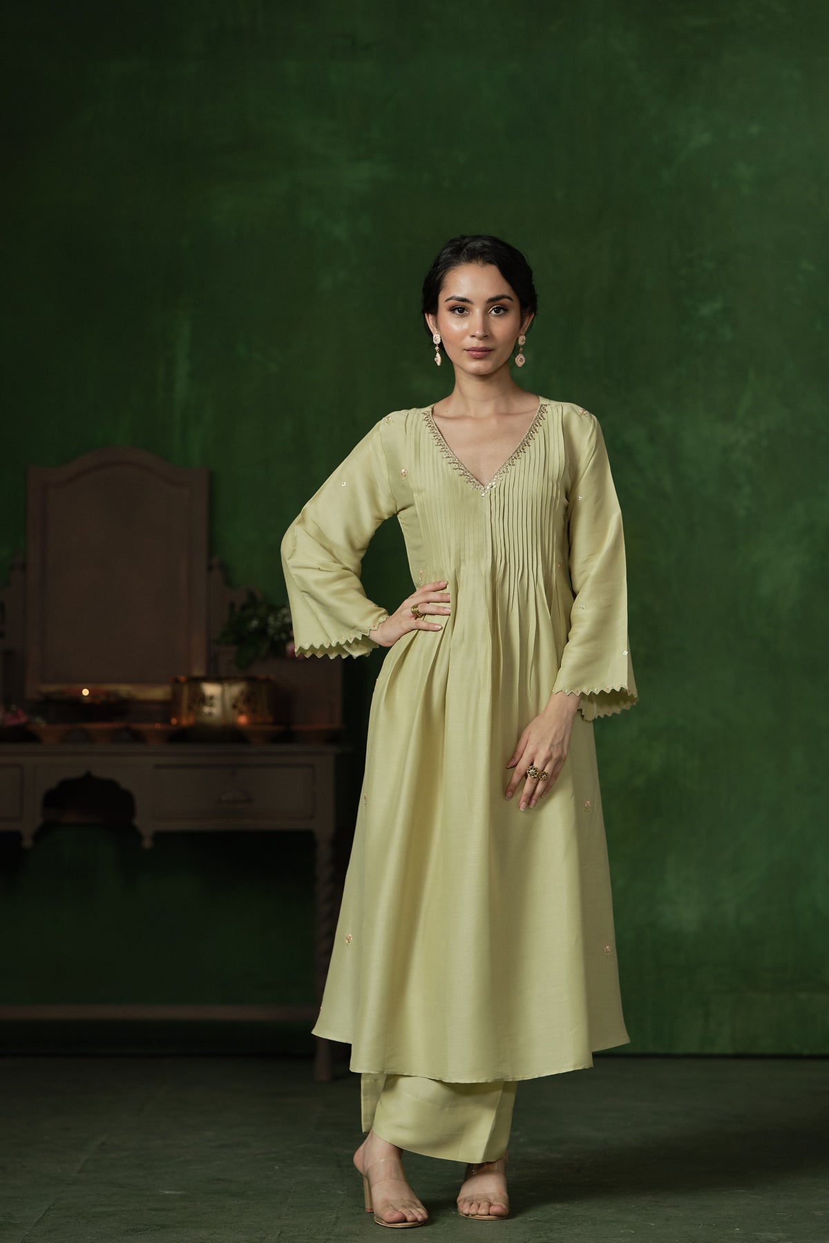 Shimmer Pista Green Pleated Kurta Set