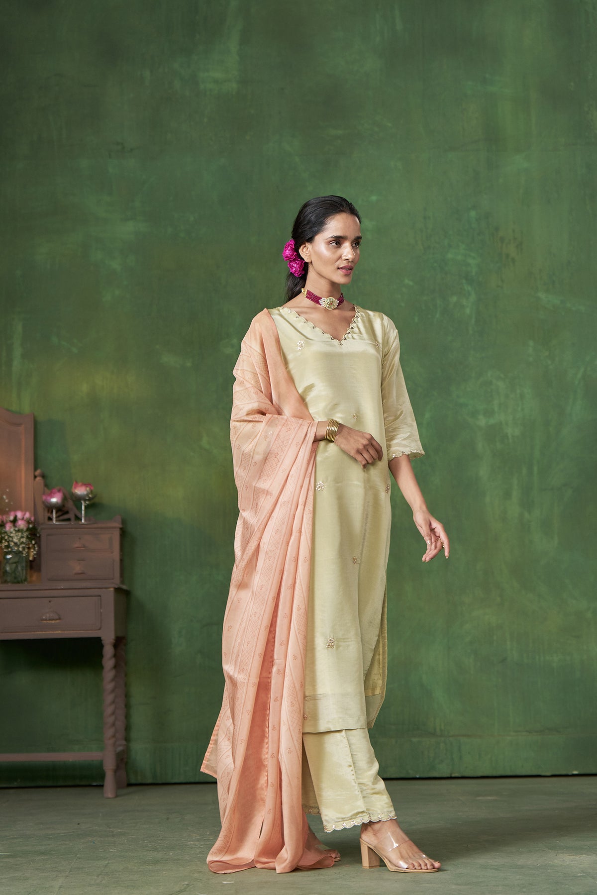 Soft Green Kurta set with scallop in Neck