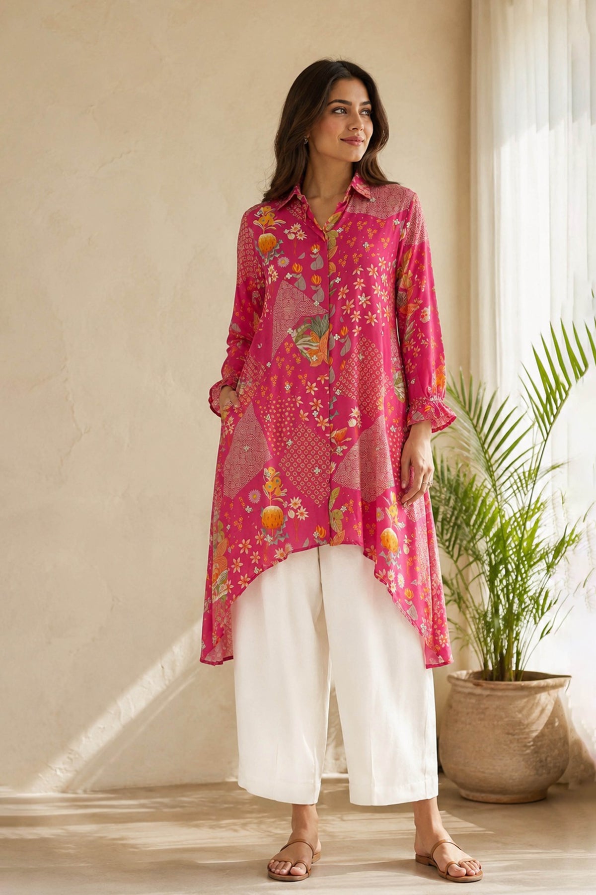 Pink Shirt Collar High-Low Kurta Set