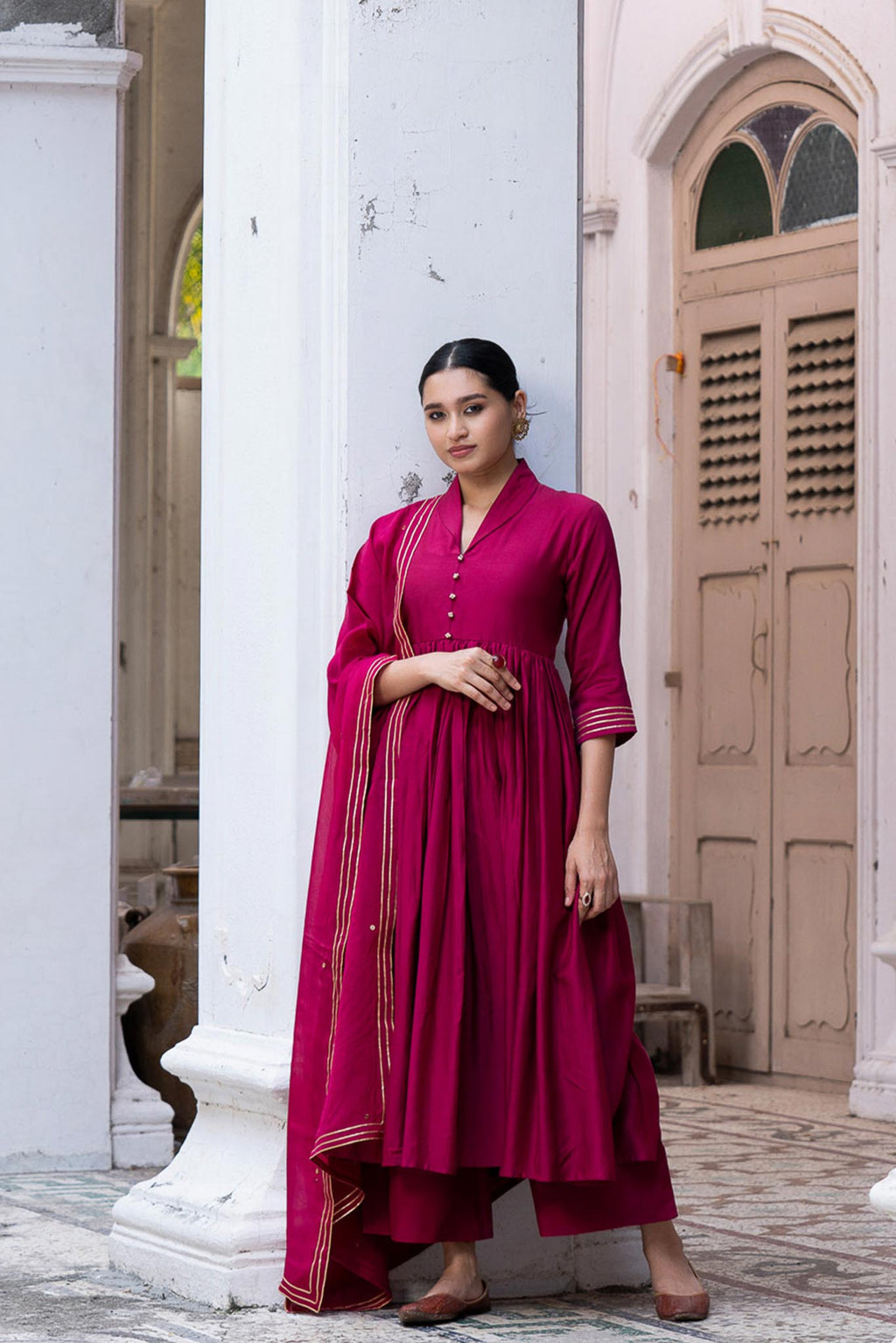 Wine Red Festive Kurta with Organza Dupatta – Subhrekha