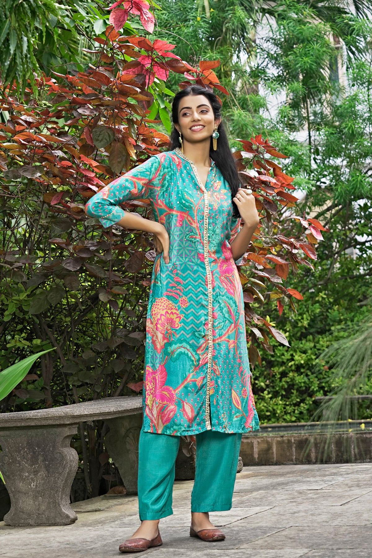 Teal Blue Crepe Kurta with Golden Sequins