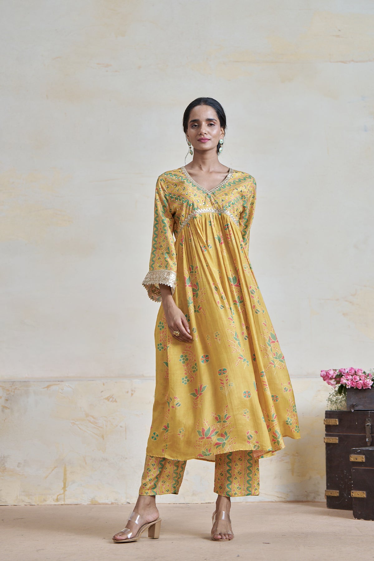 Printed Mustard Viscose Muslin Kurta Set