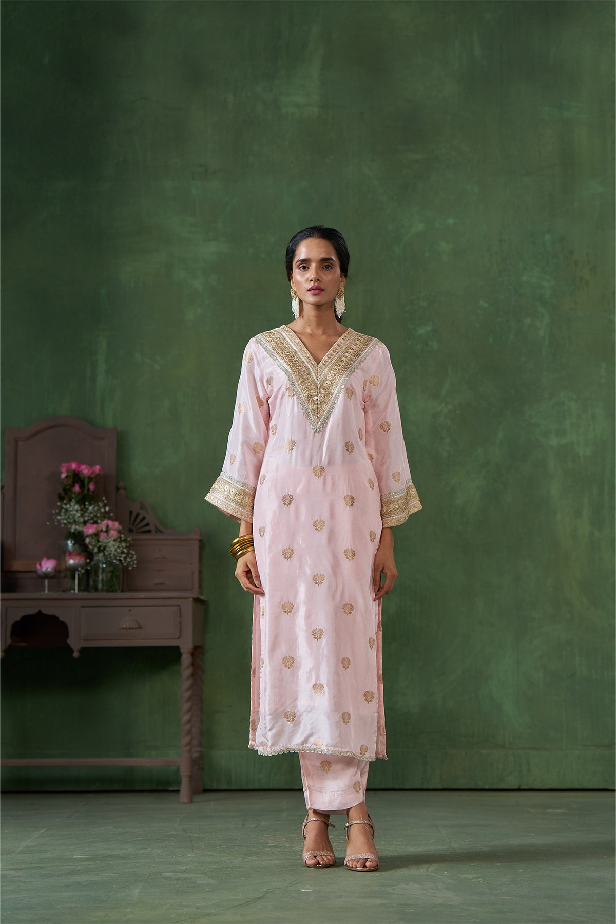 Pink All Over Zari Butti Kurta Set