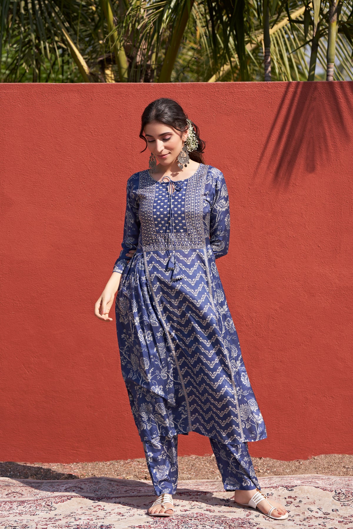 Blue Digital Printed Natural Viscose Muslin Embroidered Kurti with Palazzo