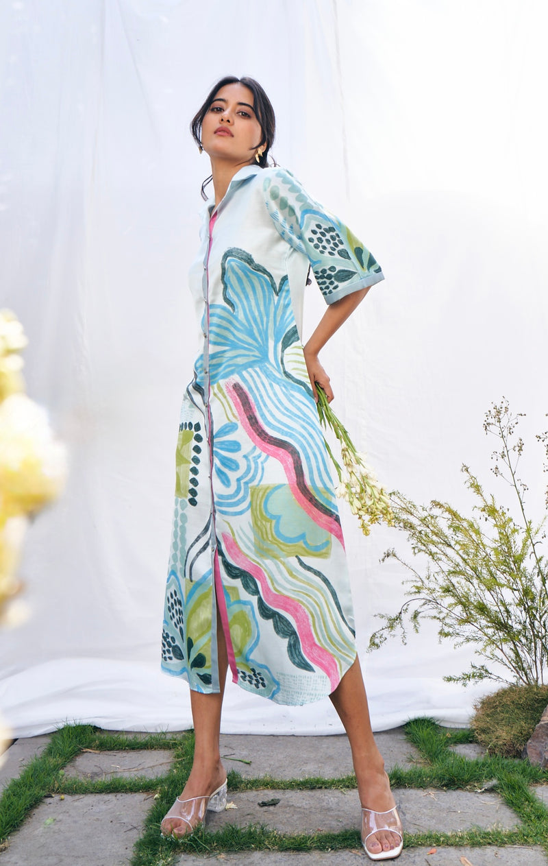 Brush Painted Midi Dress – Shirt collar, button front, bell sleeves, inseam pockets, linen satin