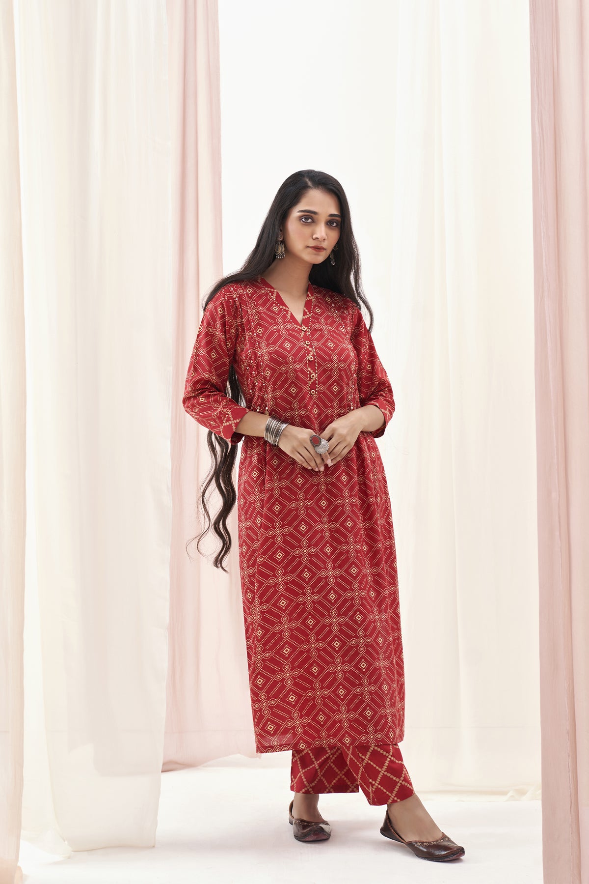 Red Printed Kurta with Fine Pleatig in Yoke and Pants