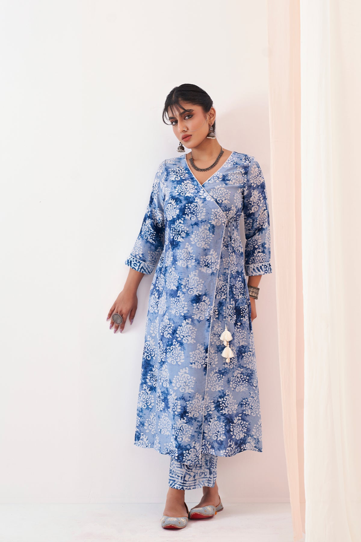 Angrakha Style Azure Blue Prizm Printed Viscose Muslin Kurti and Palazzo