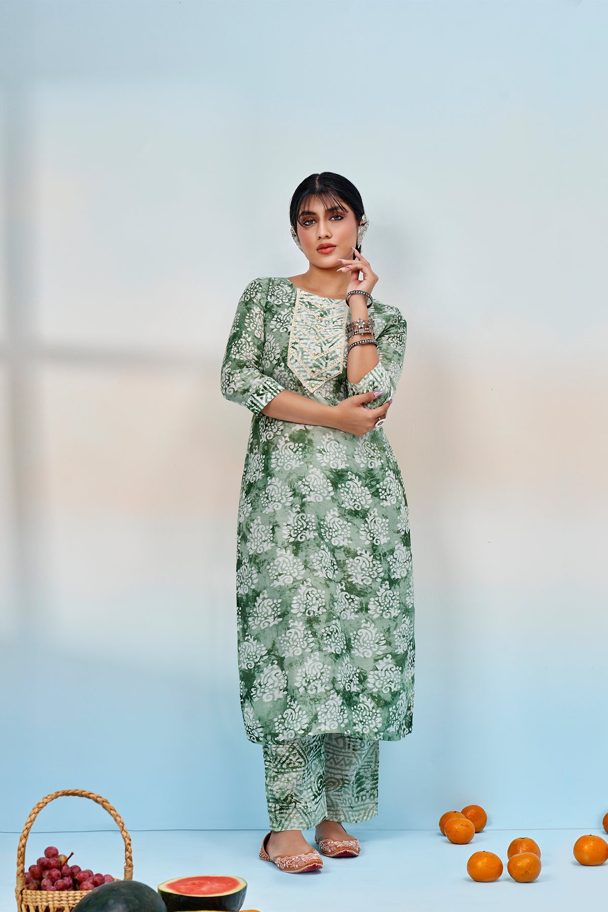 Green Prizm Printed Viscose Muslin Kurti and palazzo