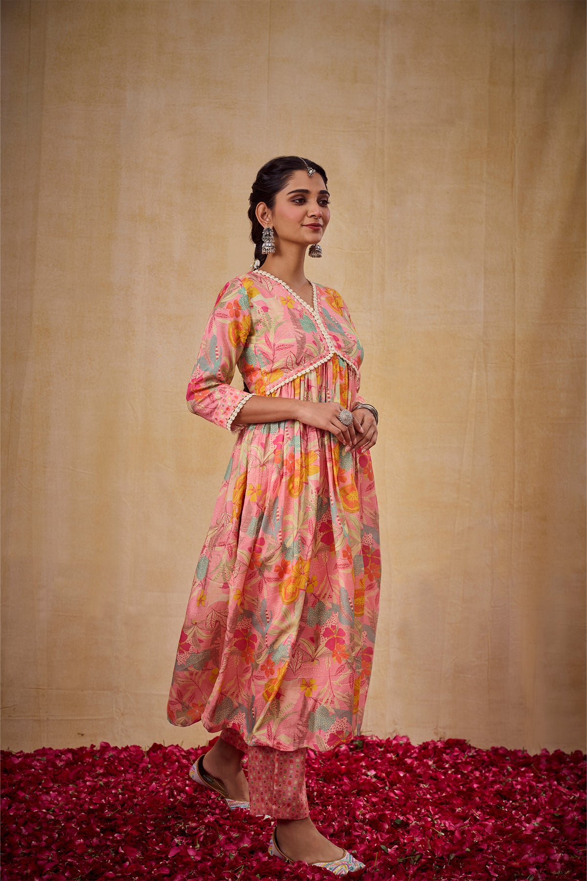 Blooming Pink Muslin Floral Printed Kurta Set with Lace