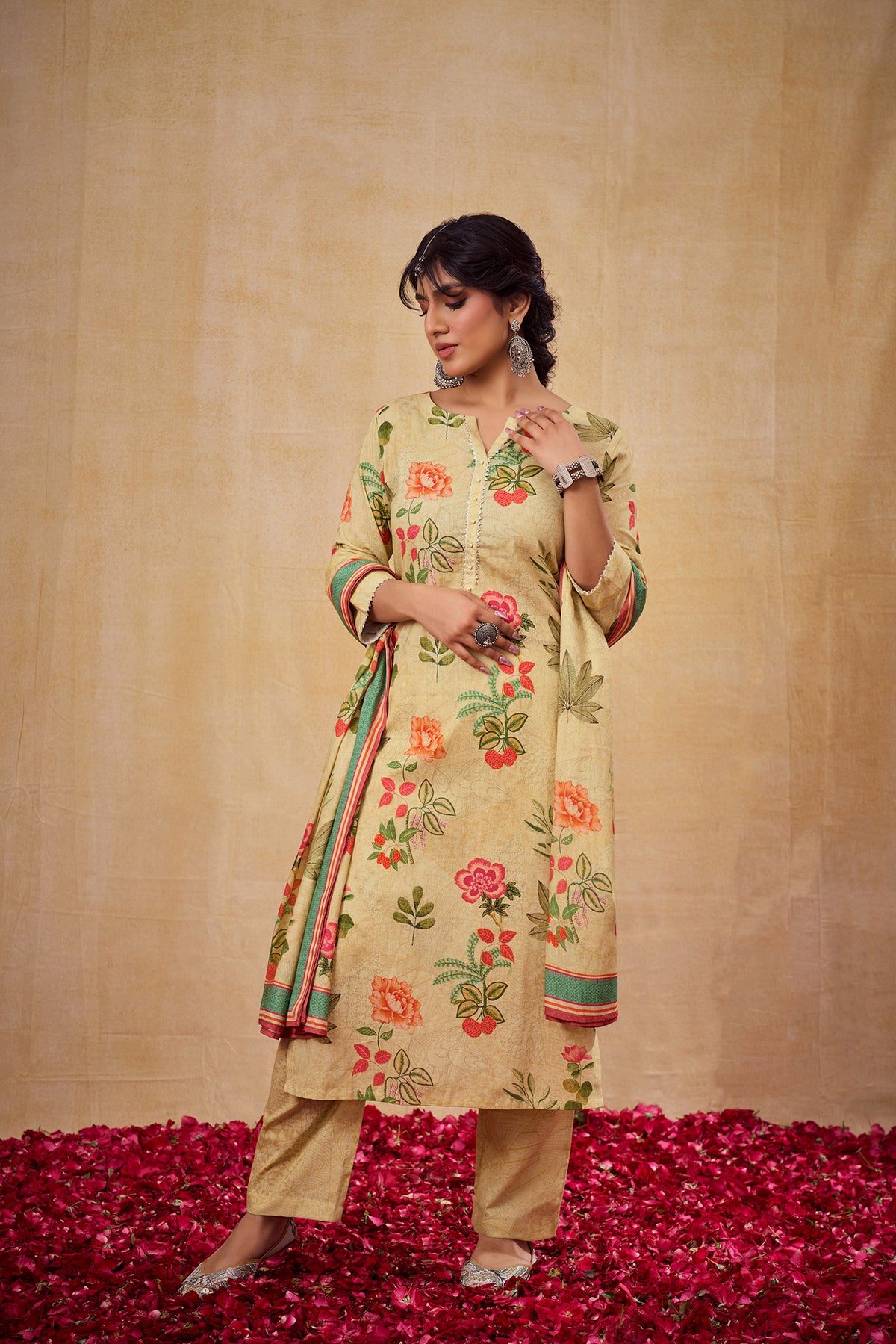 Beige Floral Printed Kurta set