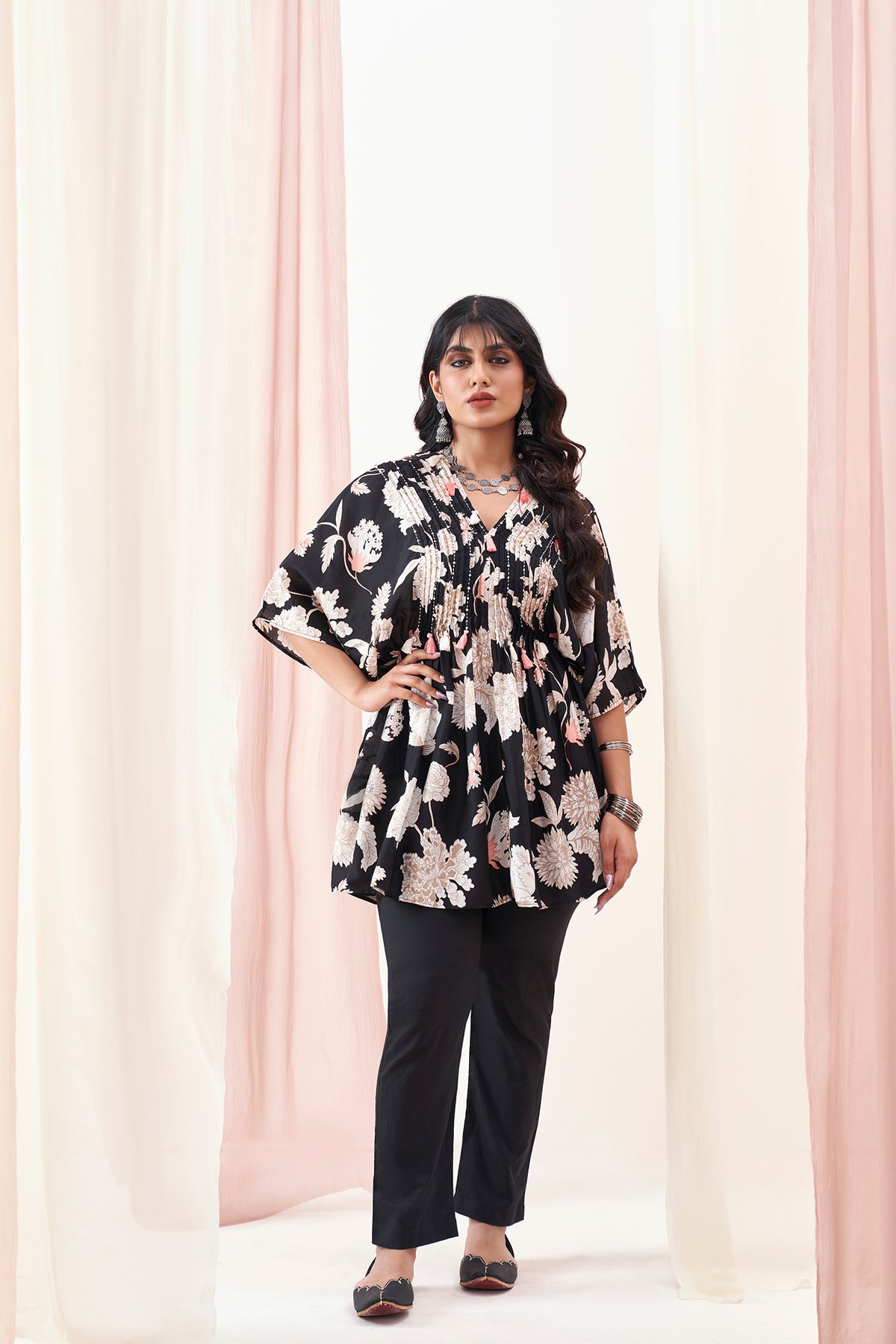 Midnight Black Co-ords with Printed Kaftan Style Top