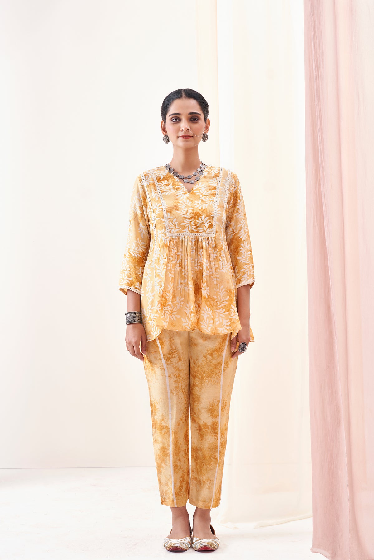 Yellow Batik Printed Viscose Muslin Co-ord Set