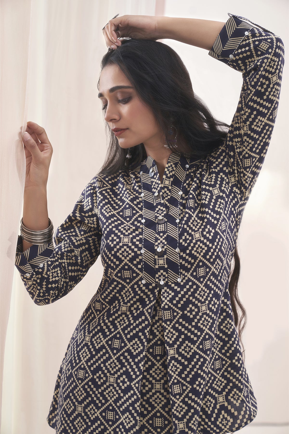 Blue Tencel Lyocell Geometric Printed Co-Ords