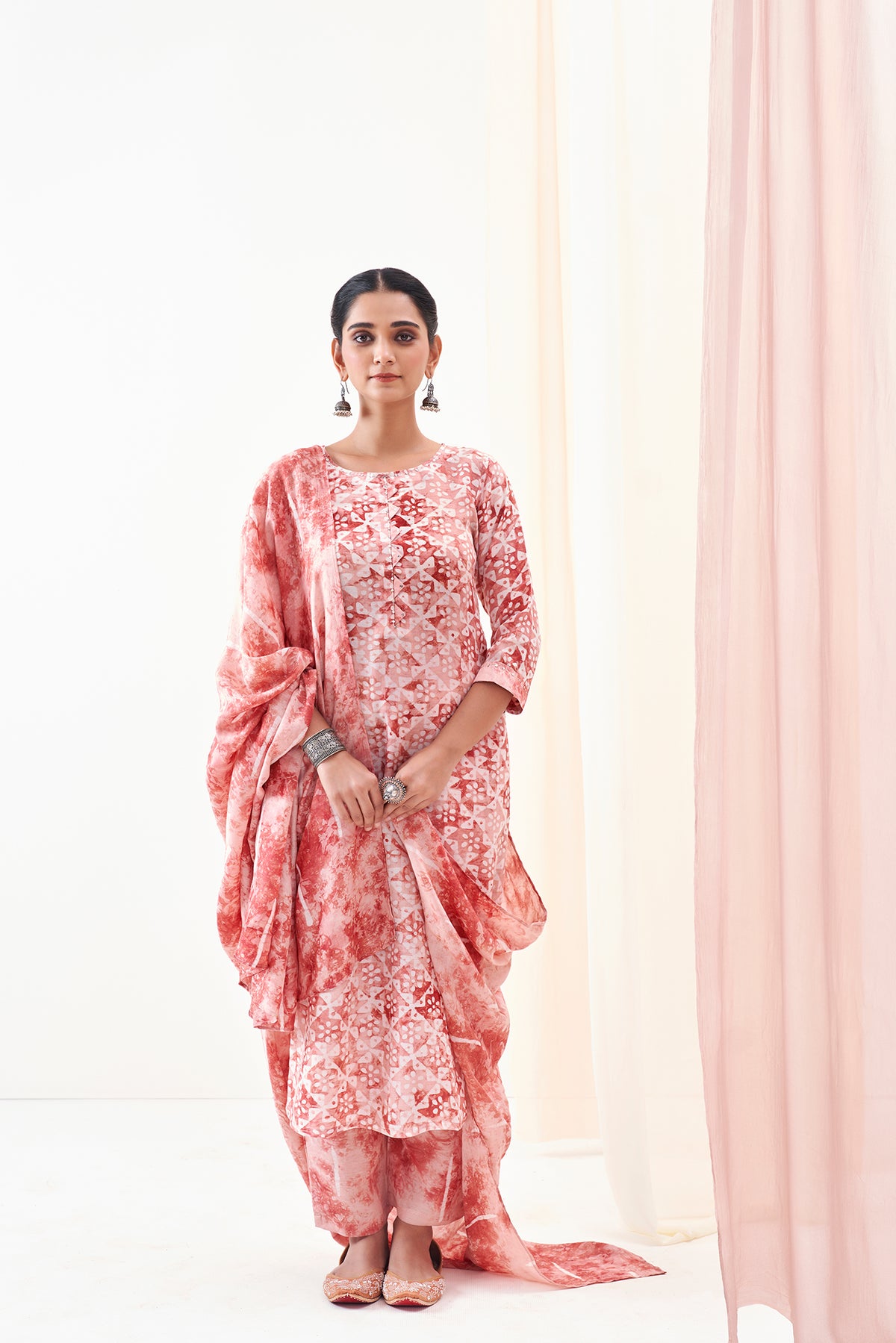 Coral Pink Prizm Printed Viscose Muslin Dupatta Set