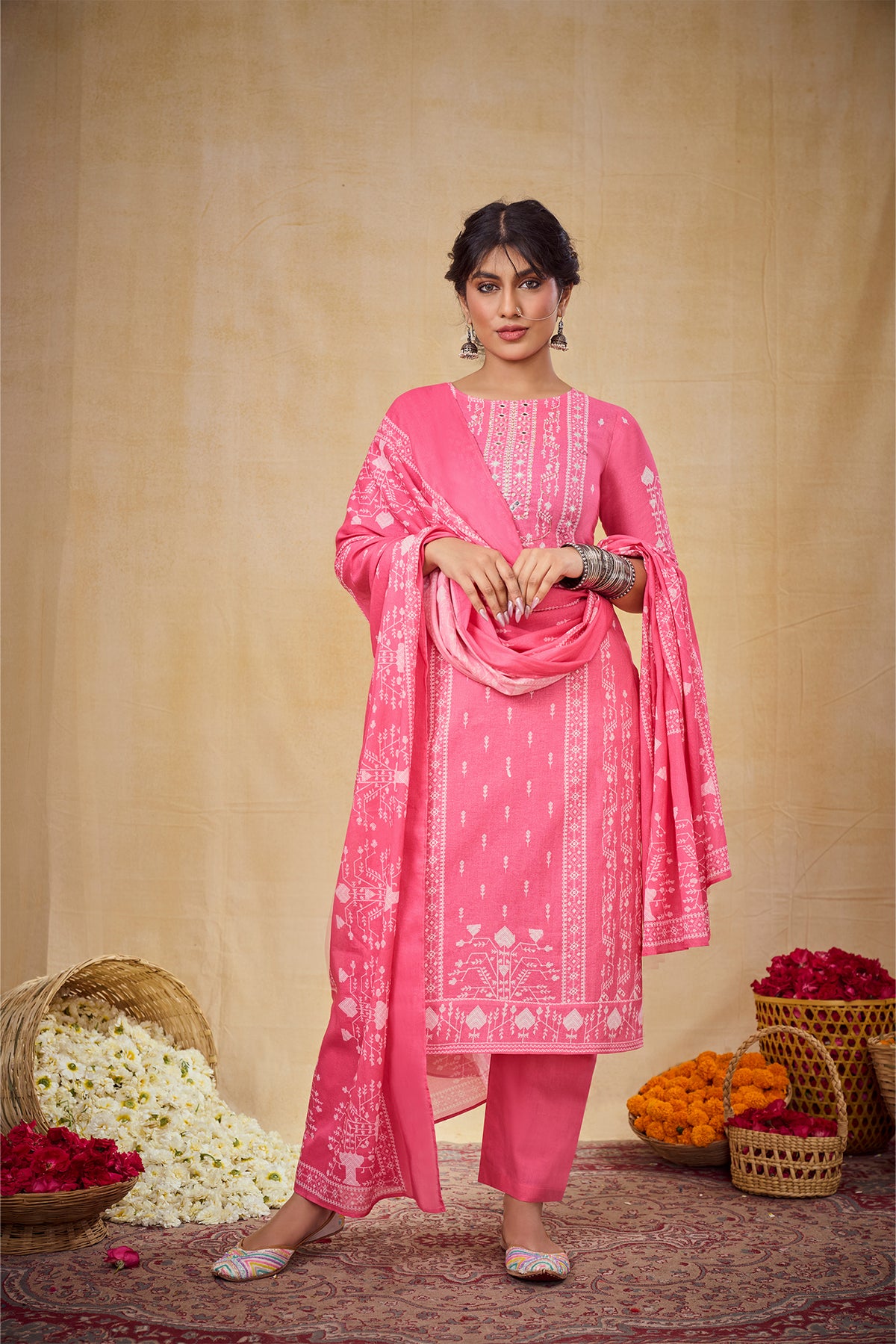 Pink Butti Printed Set with Dupatta