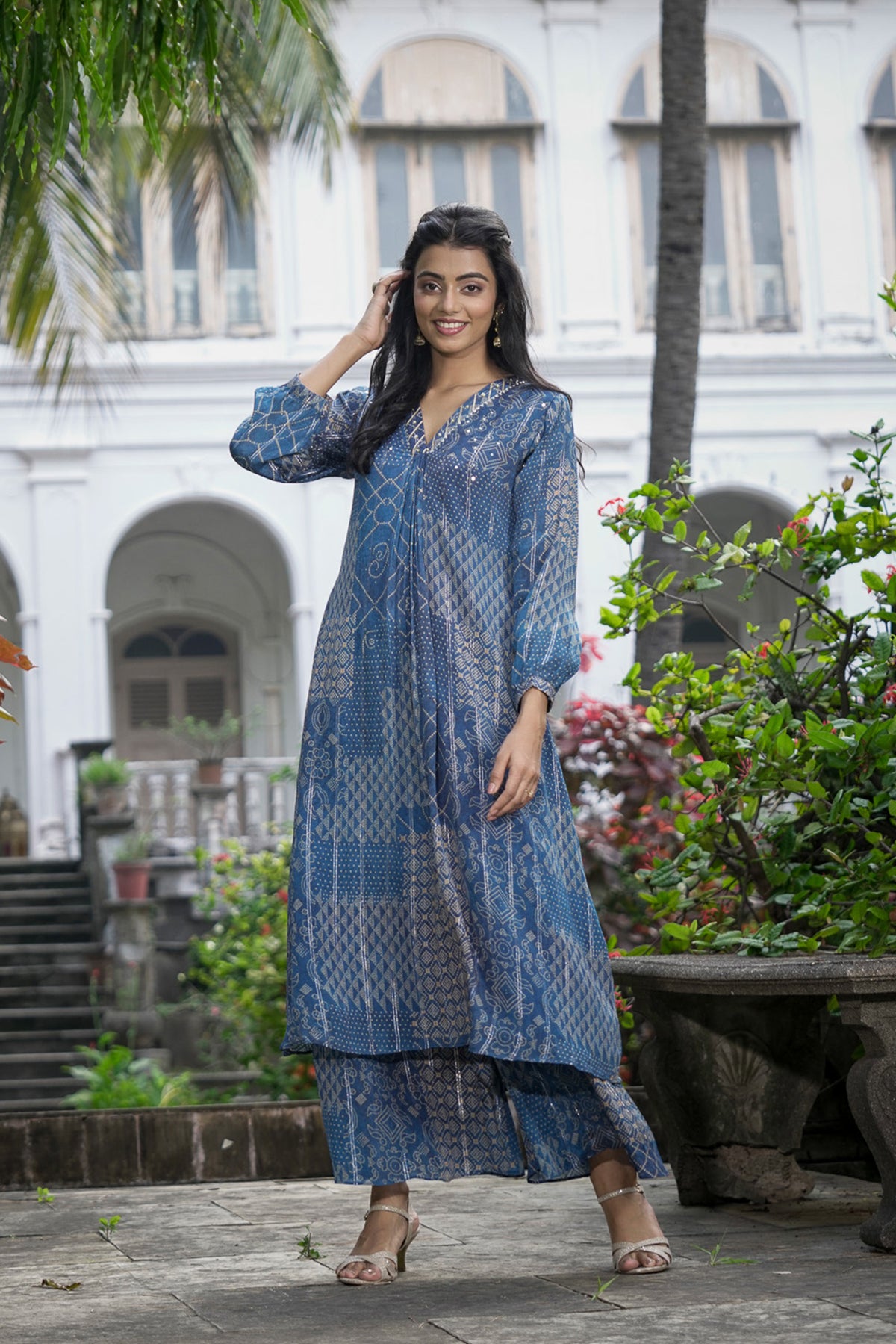 Blue Lurex Chinon Chiffon Kurta Set