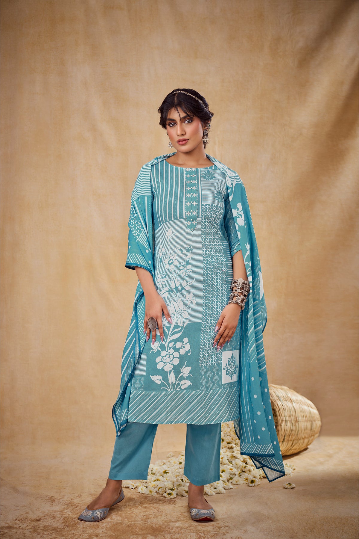 Fresh Blue Geometric & Floral Printed Suit Set