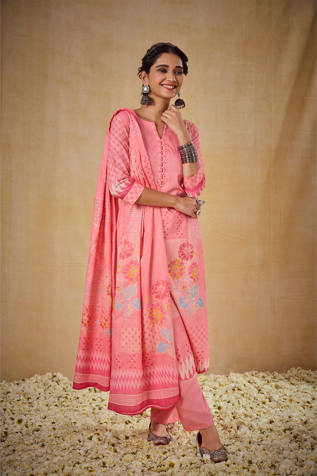 Blush Pink Floral Printed Super Cotton Kurta Set with Dupatta