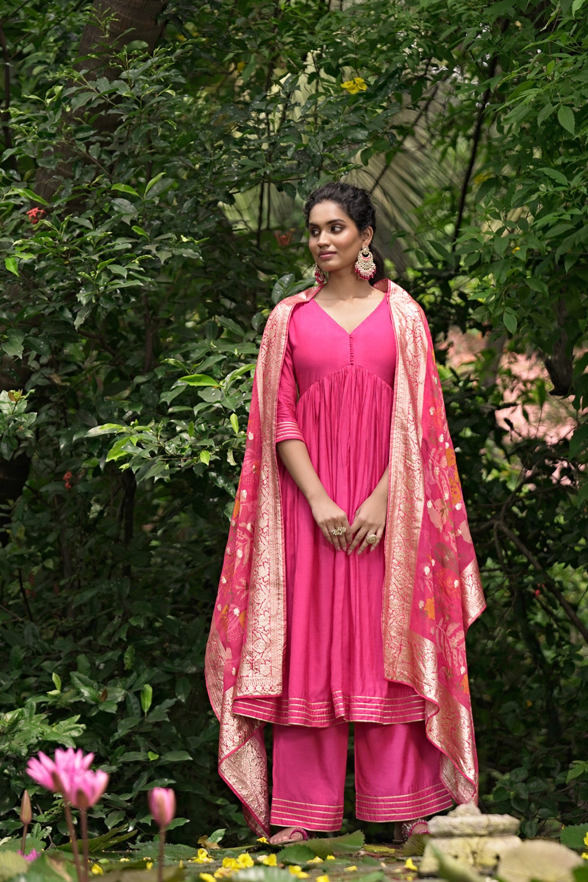 Rani Pink Viscose Royal Silk Suit Set with a Printed Zari Dupatta