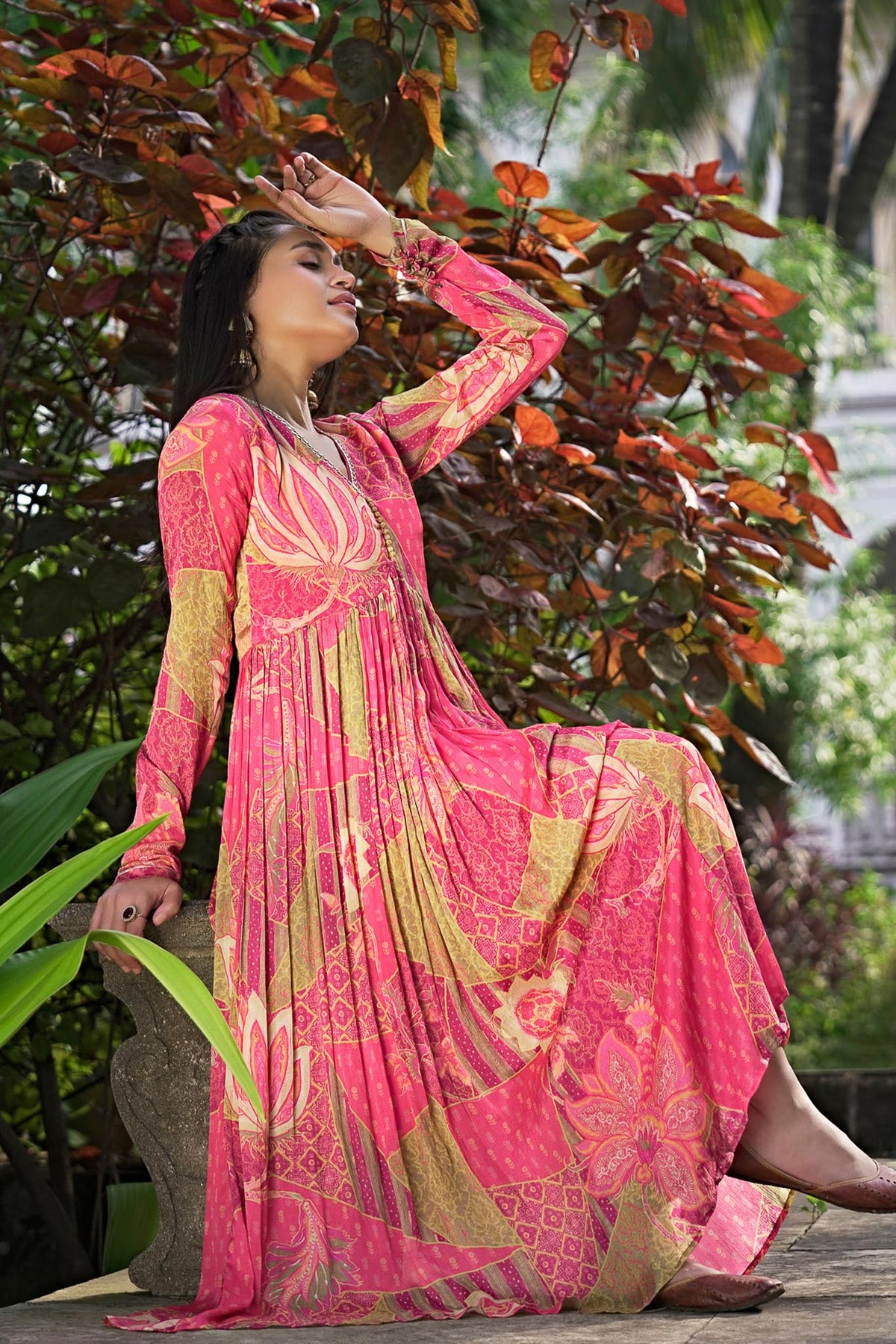 Lotus Pink Chinon Chiffon Kurta Set with Long Sleeves