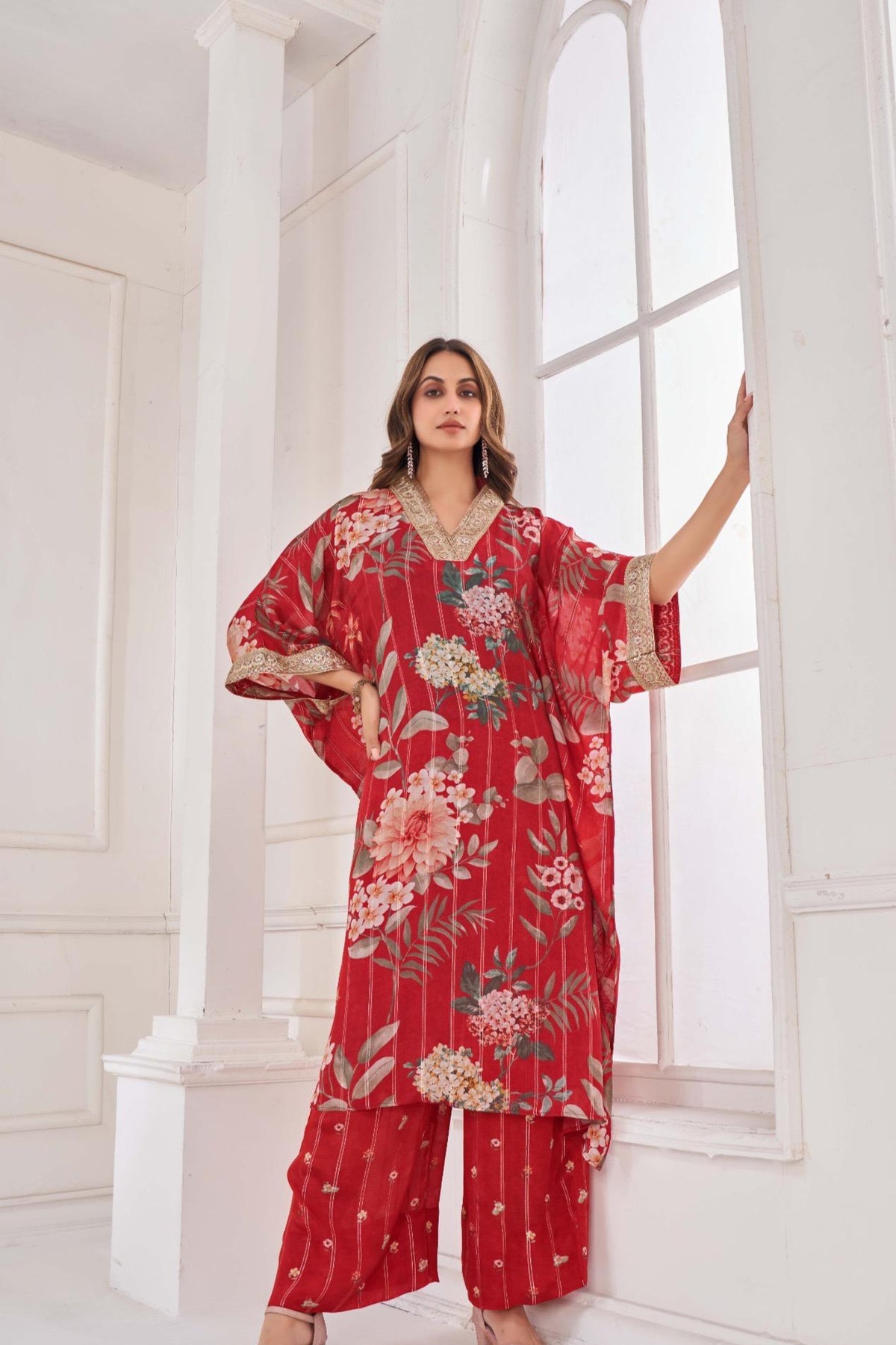 Red chinon chiffon 
kaftan set