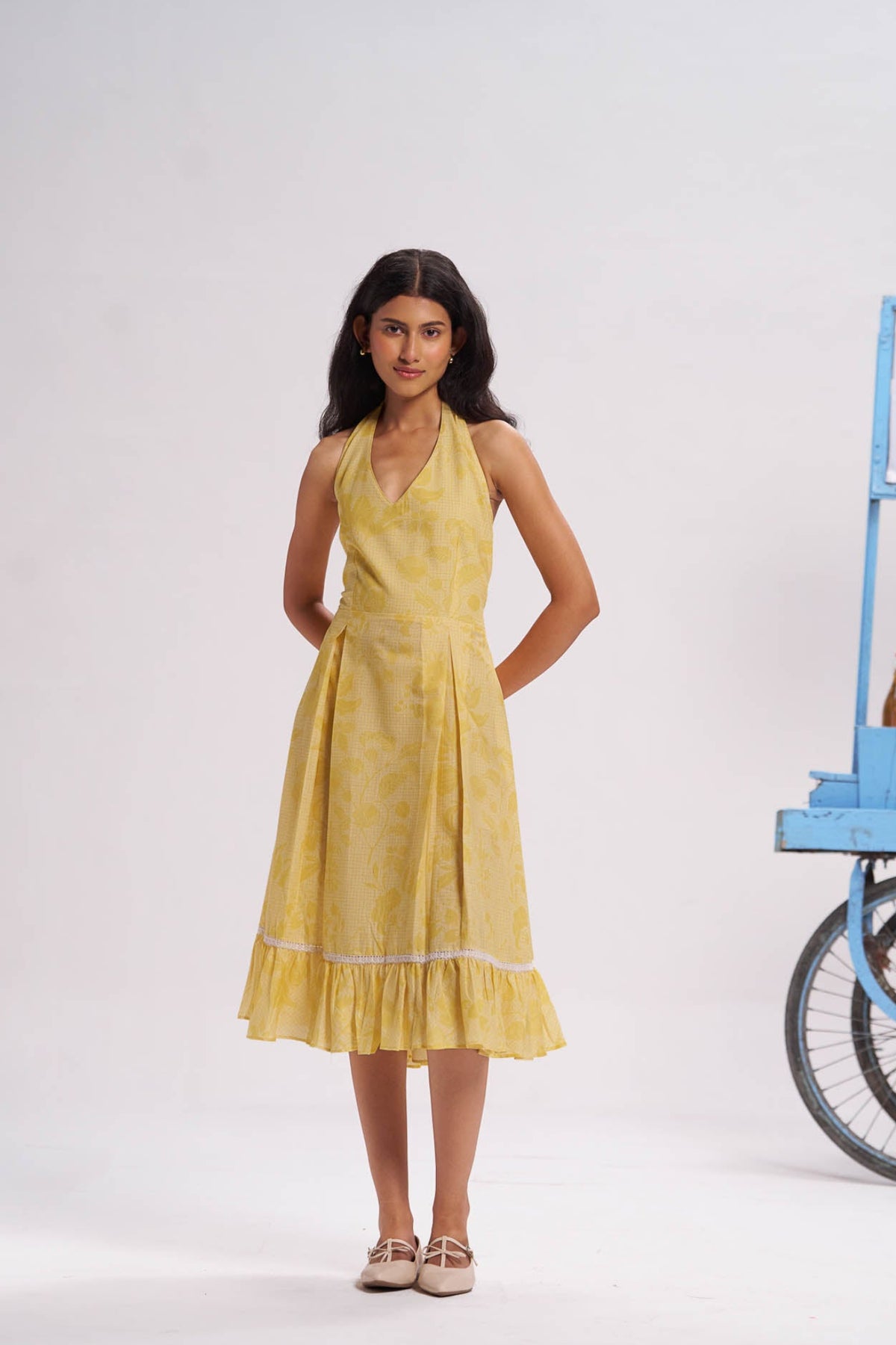 Yellow Halter Neck Cotton Midi Dress