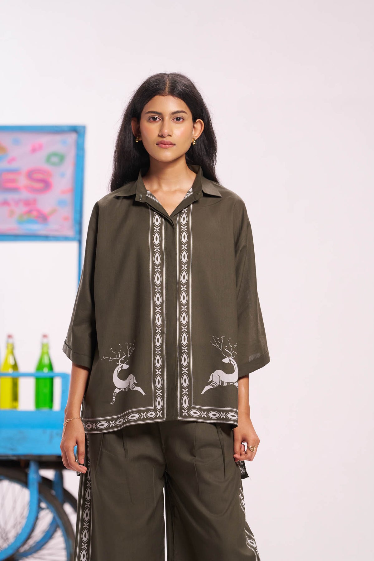 Olive Green Cotton Printed Deer Shirt