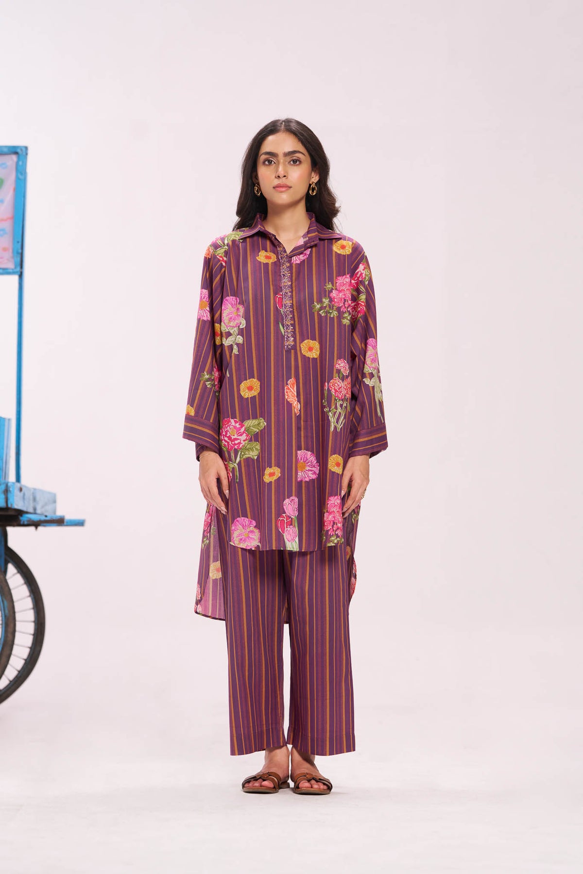 Purple Cotton Embroidered Placket Short Kurti Co-ord Set