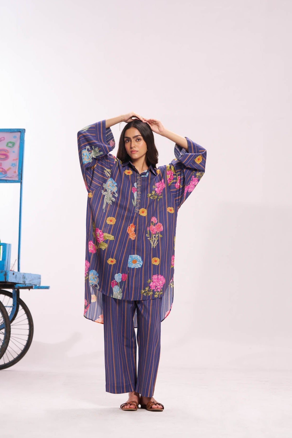 Blue Loose Fited Cotton Short Kurti Co-ord Set