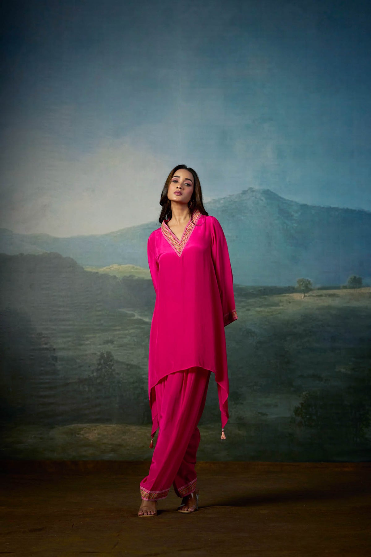 Fuchsia Pink Embellished Tunic Pant Set with Viscose Silk Scarf