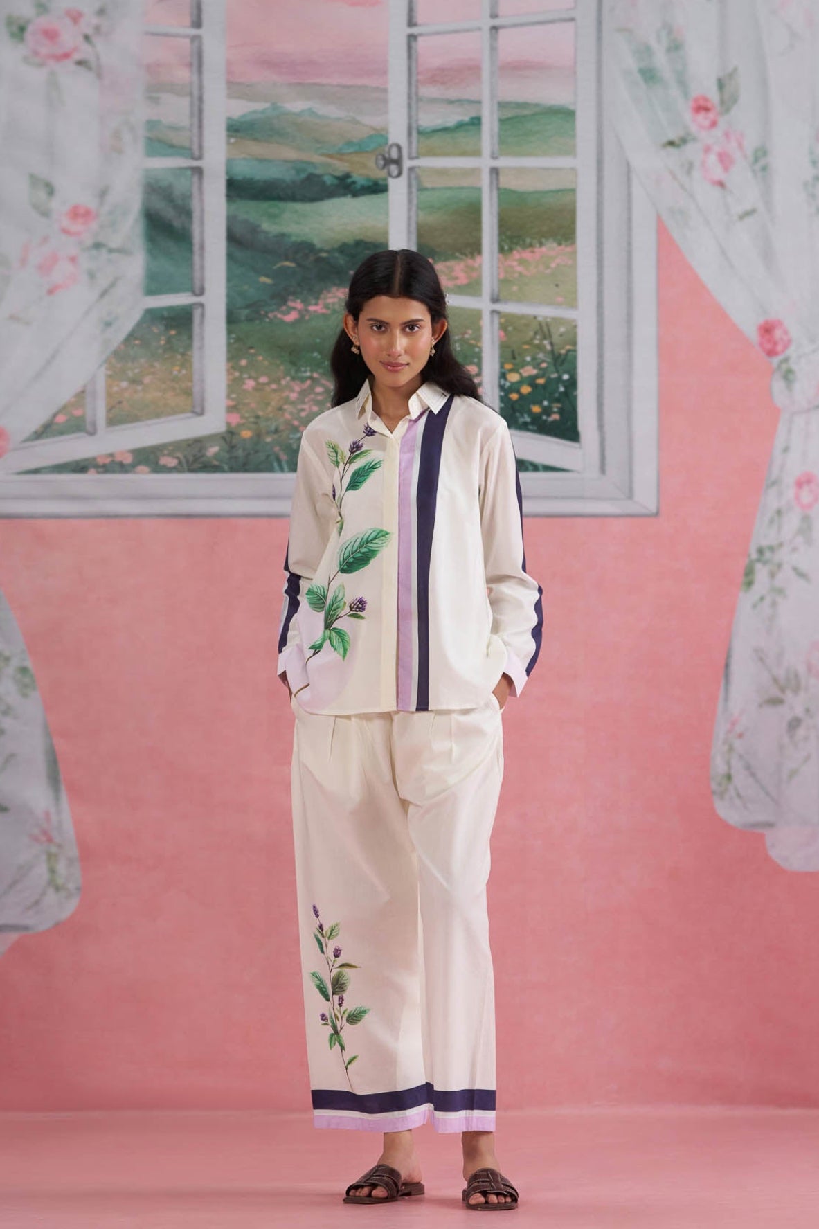 Off White-Purple Placement Printed Cotton Co-ord Set