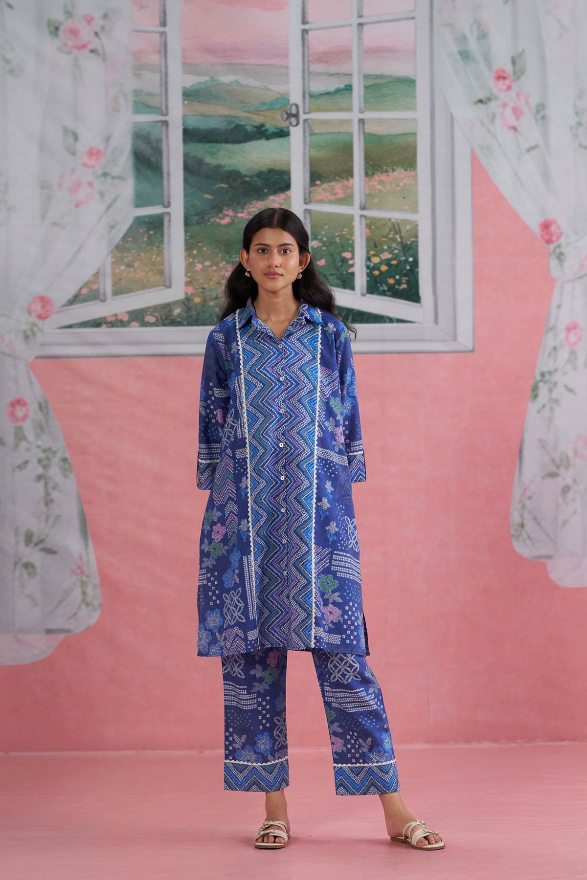 Blue Printed Cotton Kurta Set with Straight Pants