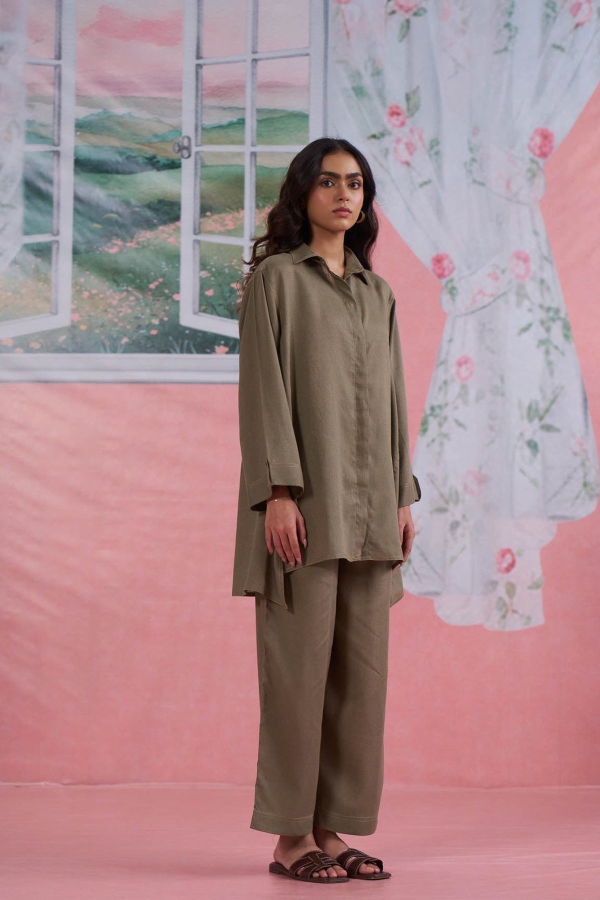 Olive Green Linen Smart Co-ord Set