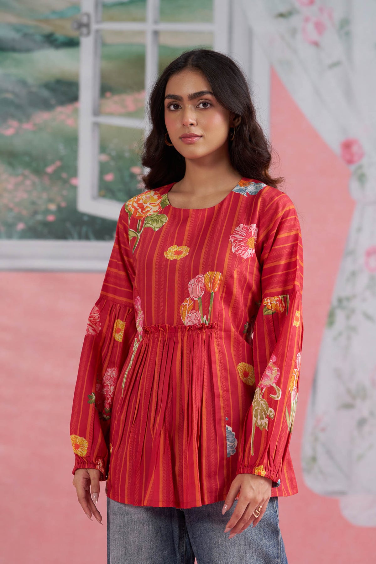 Red Cotton Top with Floral Print, Pleated Waist & Statement Sleeves