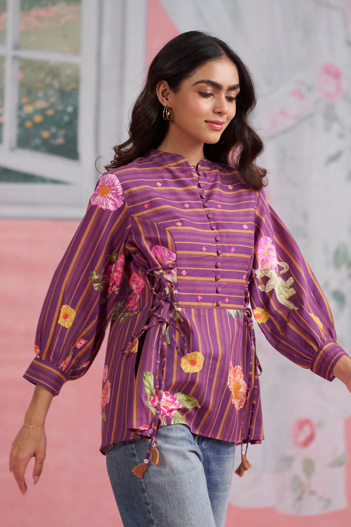 Purple Floral Cotton Top with Side Tie-Up Detail