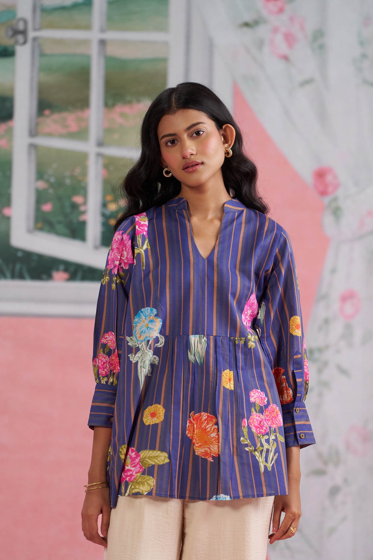 Blue Floral Cotton Top with V-Neck