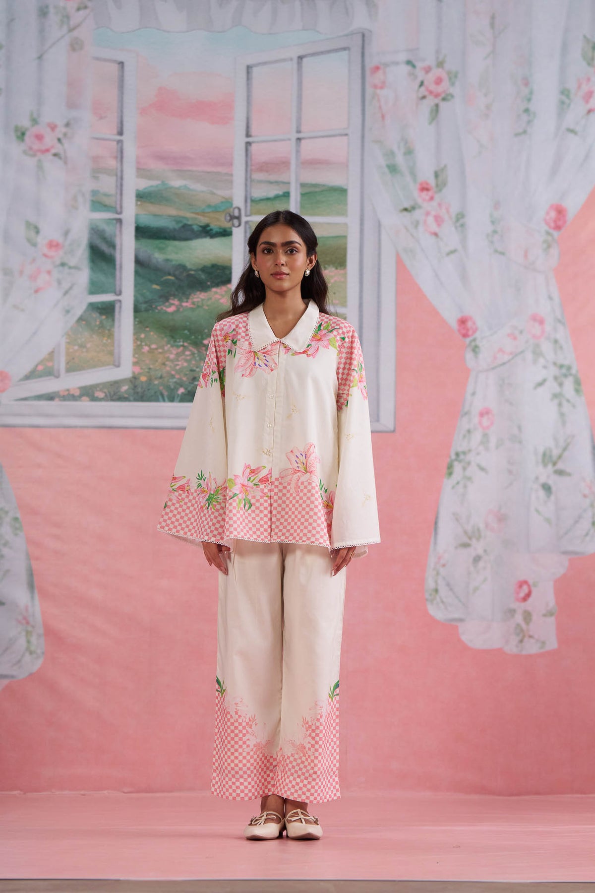 Pink Checkered Floral Shirt and Pant Set