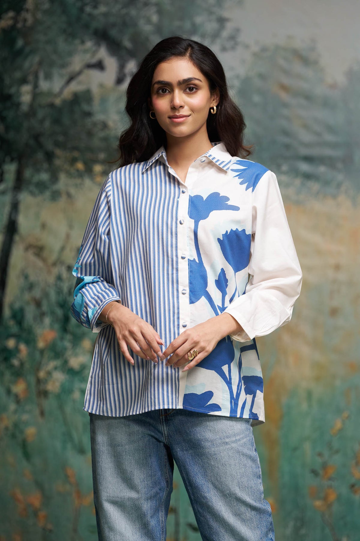 Blue & White Cotton Shirt with Stripe and Floral Panel Design