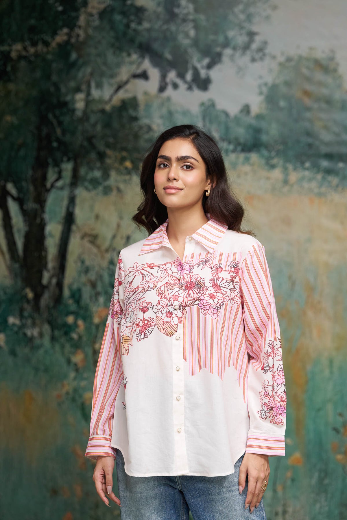 Blush Pink Floral Cotton Shirt with Striped Panel & Collared Neck