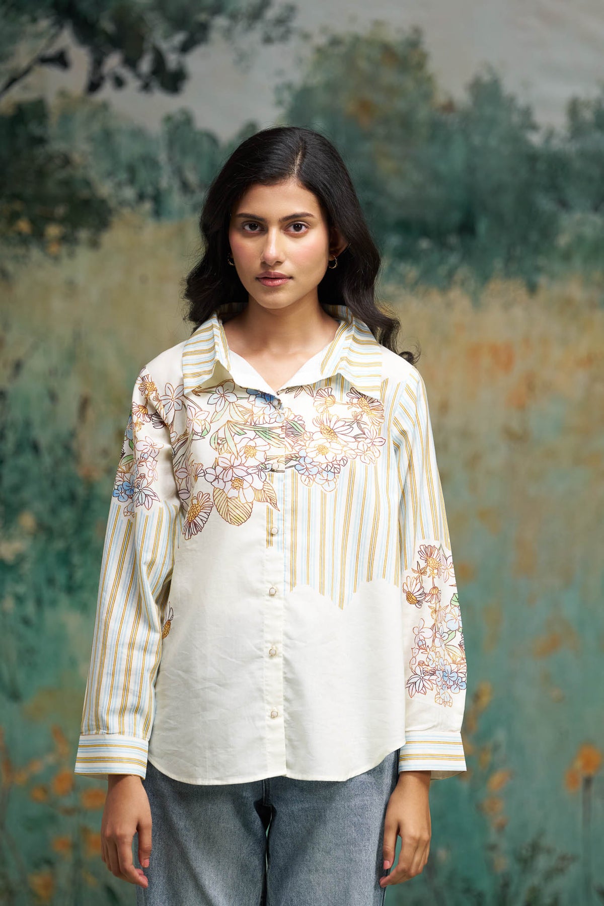 Ivory Floral Cotton Shirt with Striped Panel & Collared Neck