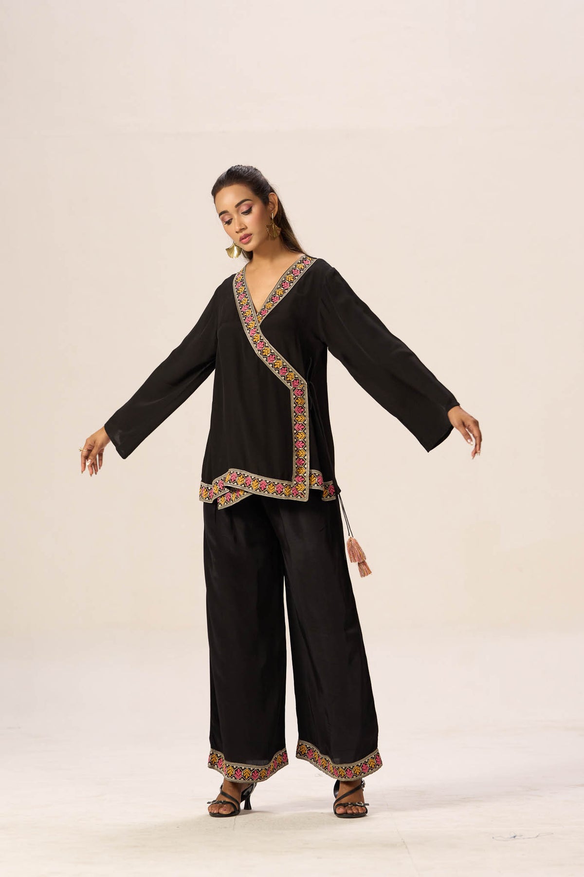 Artful Drape – Wrap Tunic & Pant Set with Printed Silk Scarf