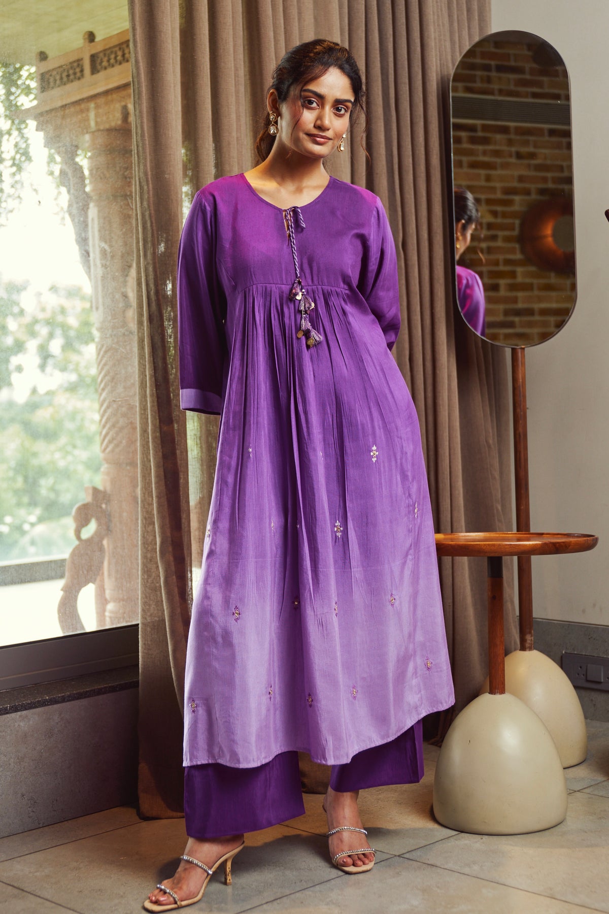 Purple Tassel Linen Silk Stone Kurta Set