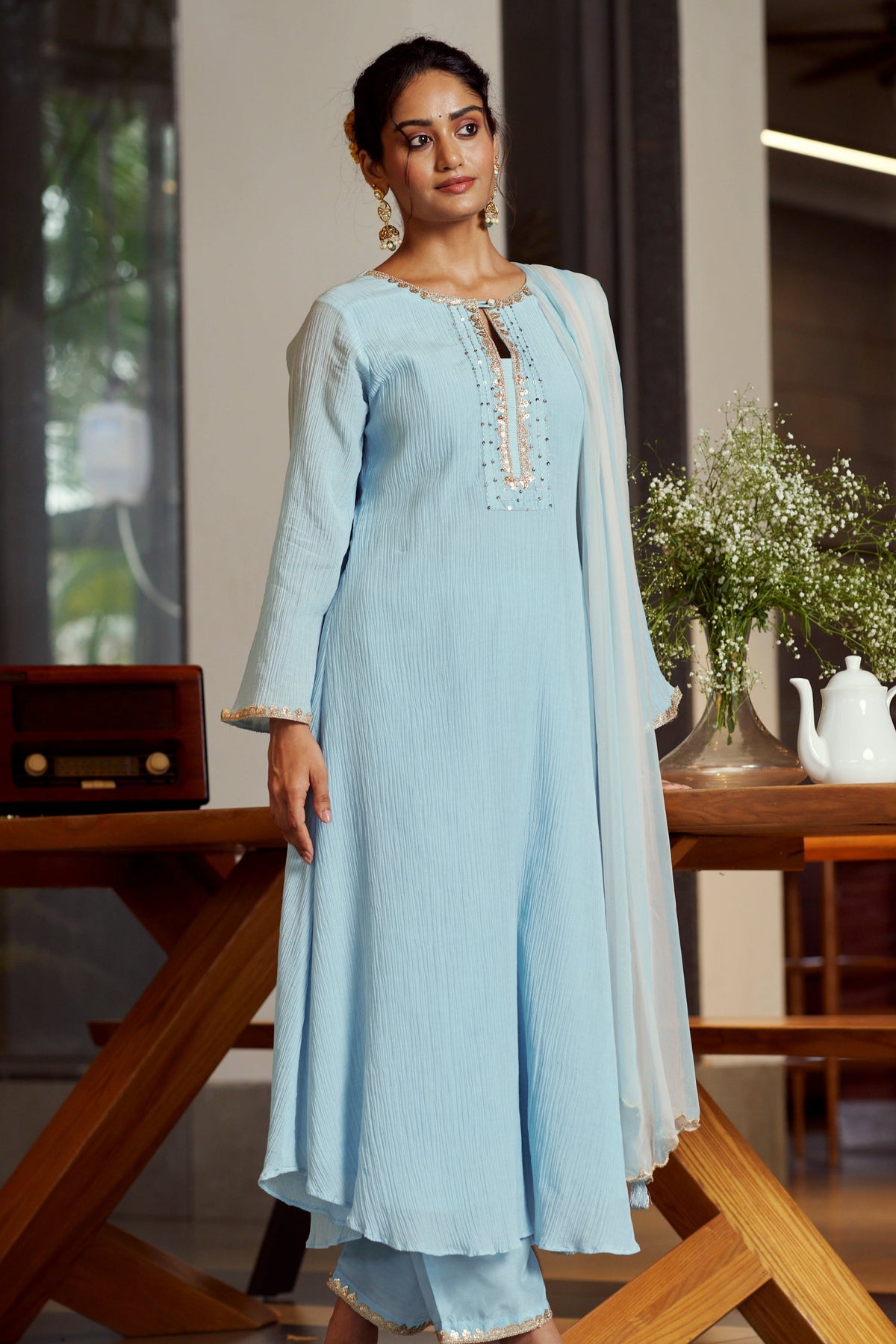 Soft Blue Malai Chanderi Kurta Set