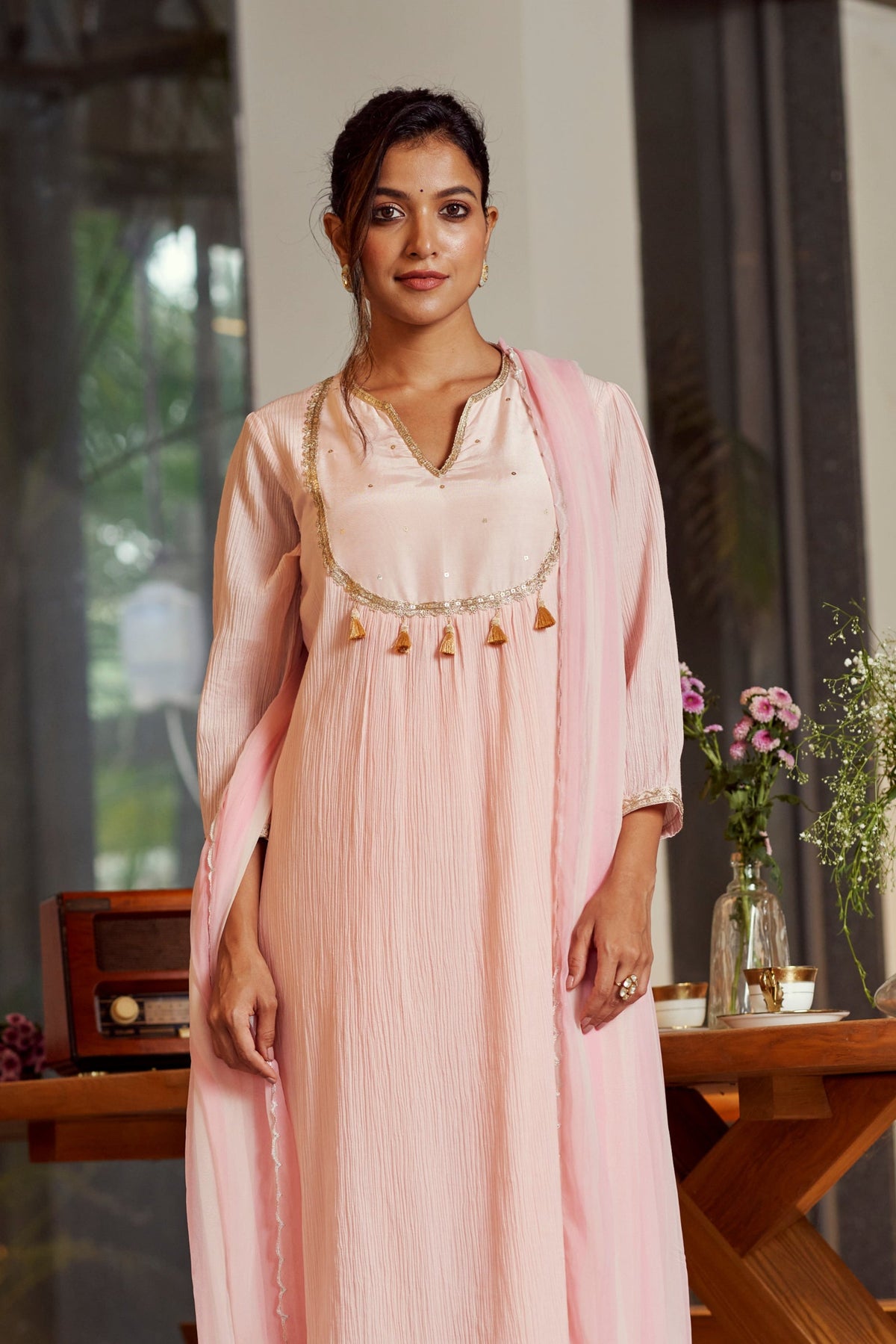 Blush Pink Malai Chanderi Festive Dupatta Set