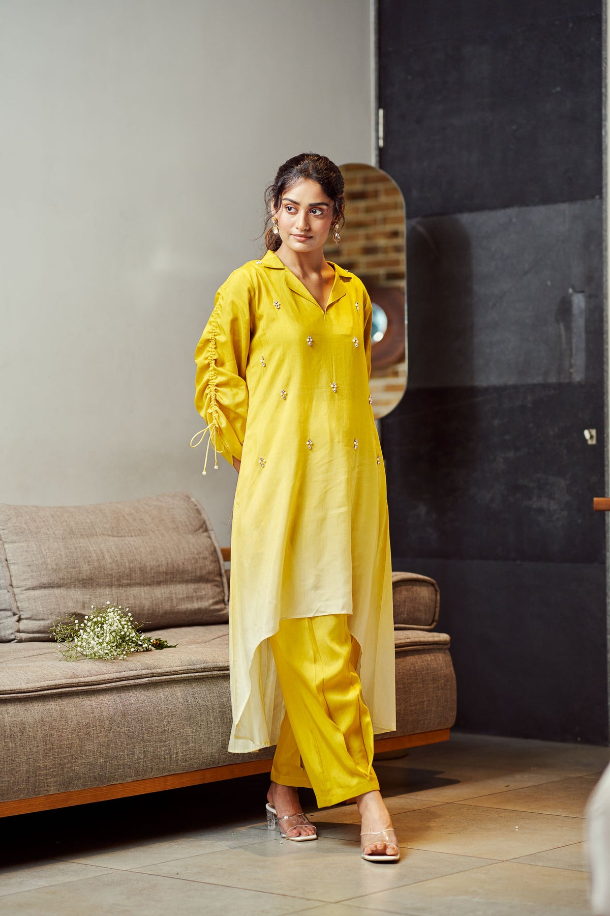 Yellow Ombre Linen Silk Stone Kurta Set