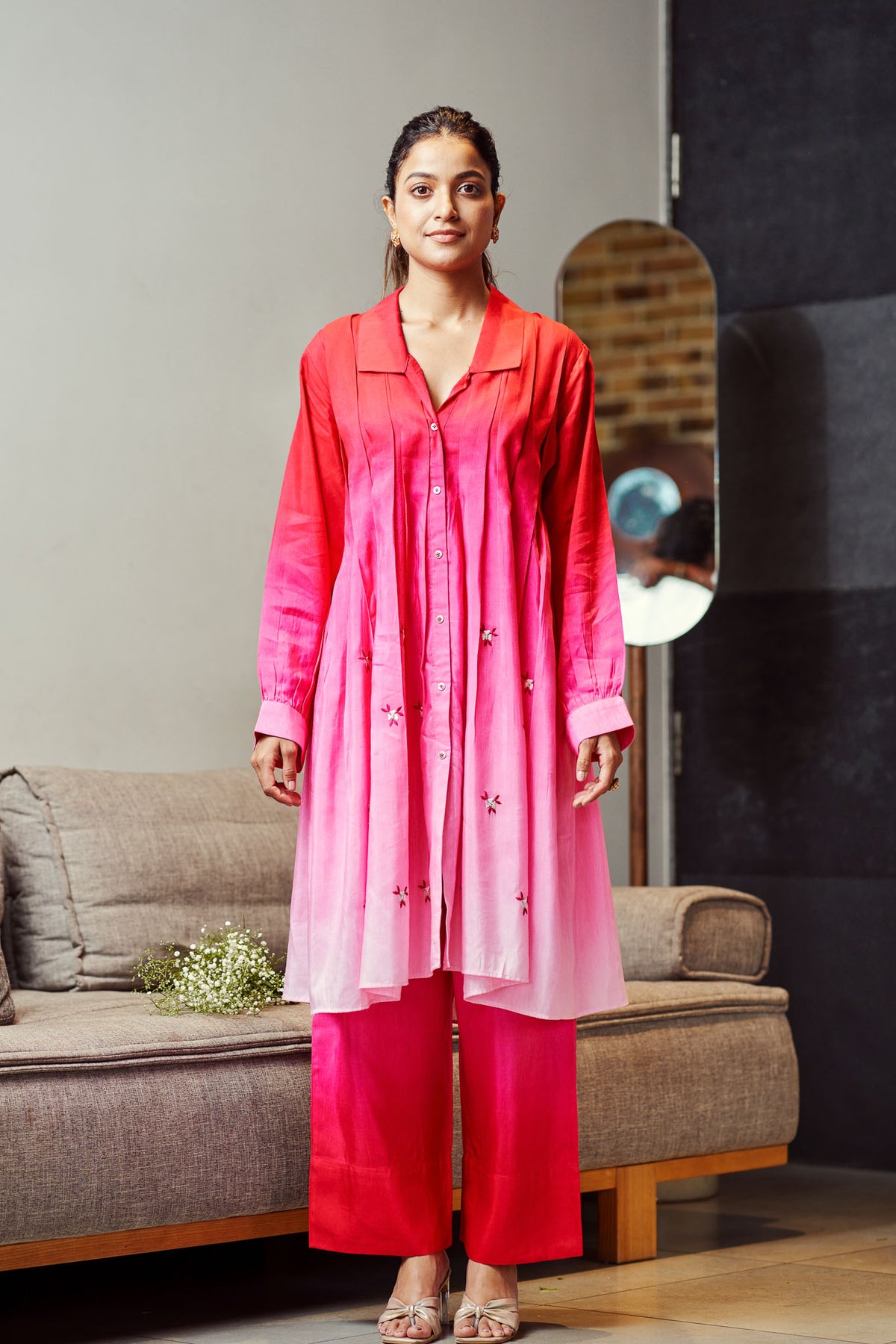 Rose Ombre Linen Silk Button Kurta Set