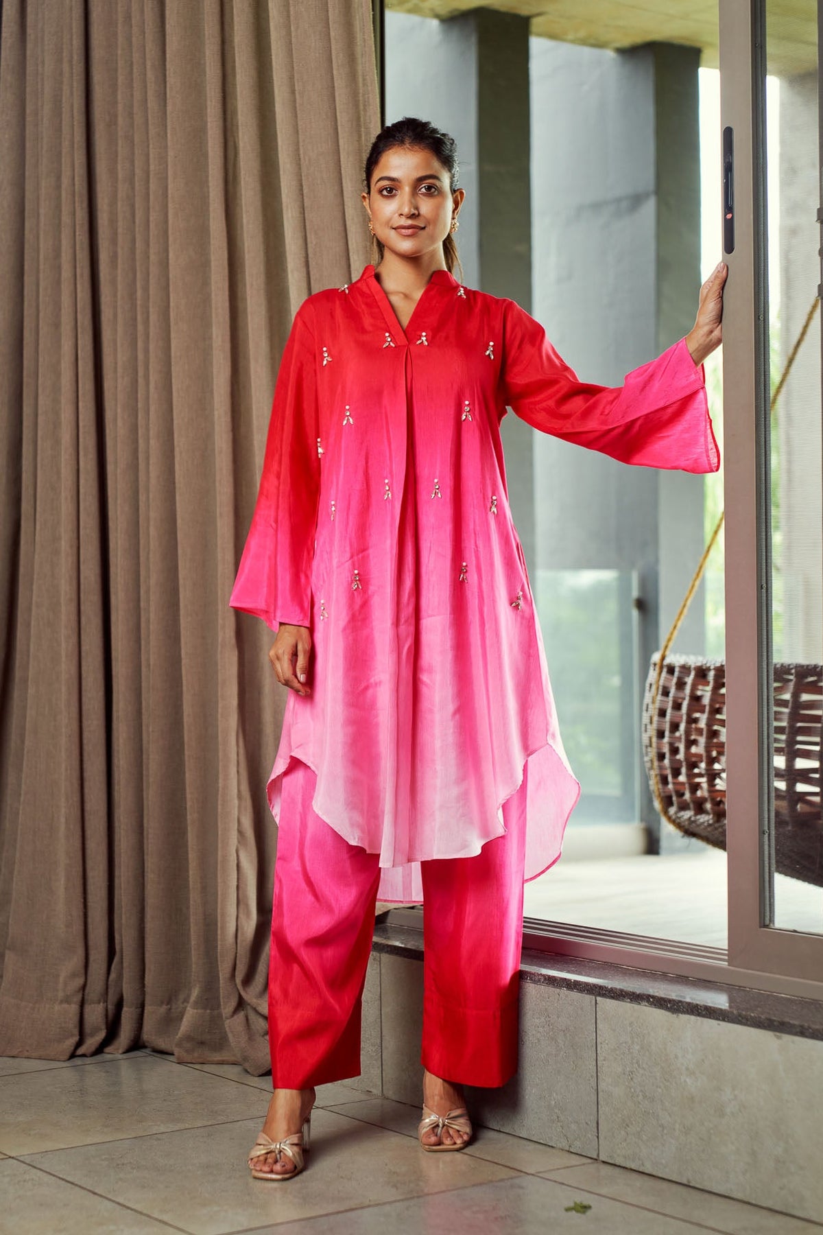 Pink Ombre Stone Wotk Kurta Set