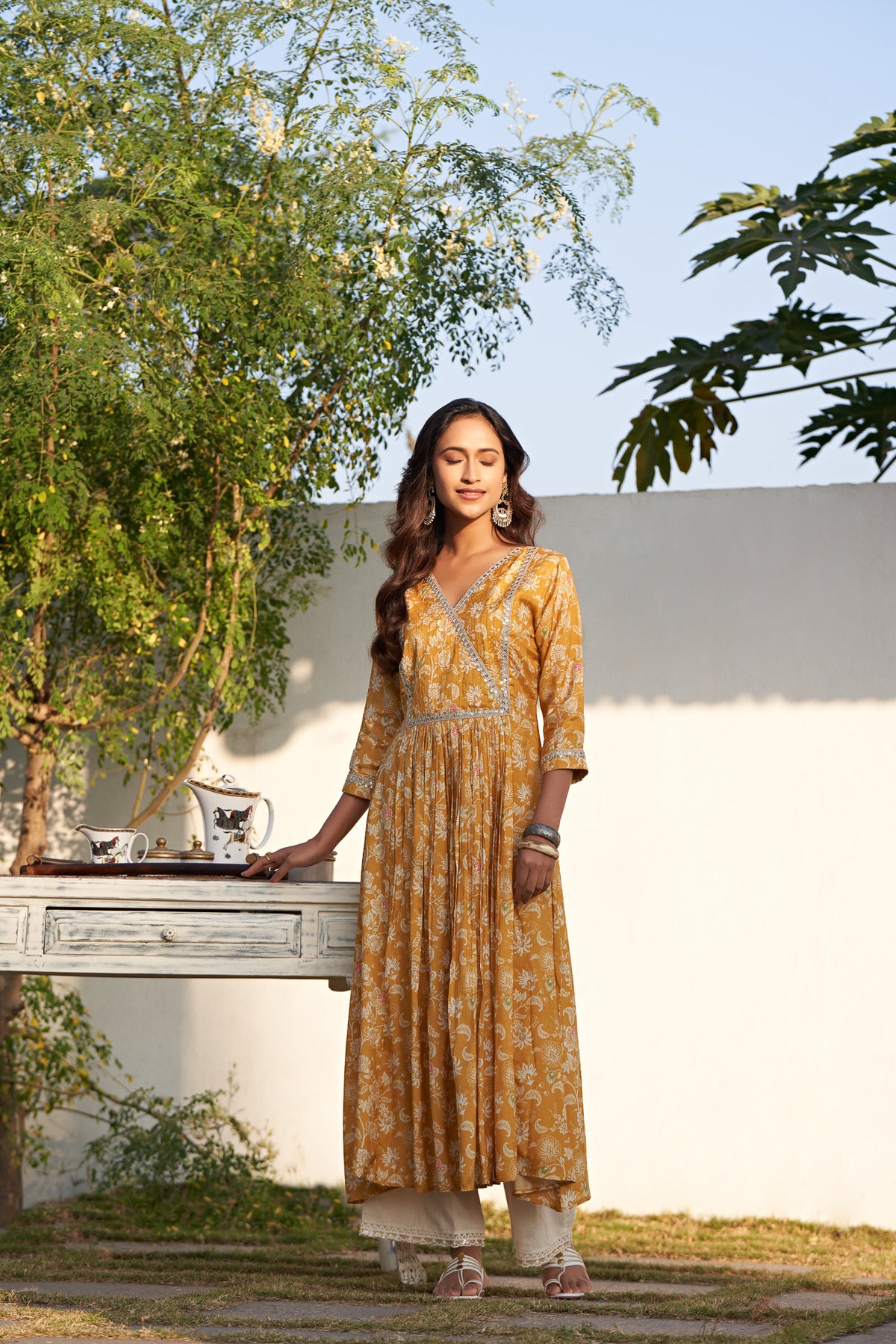 Mustard Printed Viscose Muslin Embroidered Kurti with Palazzo